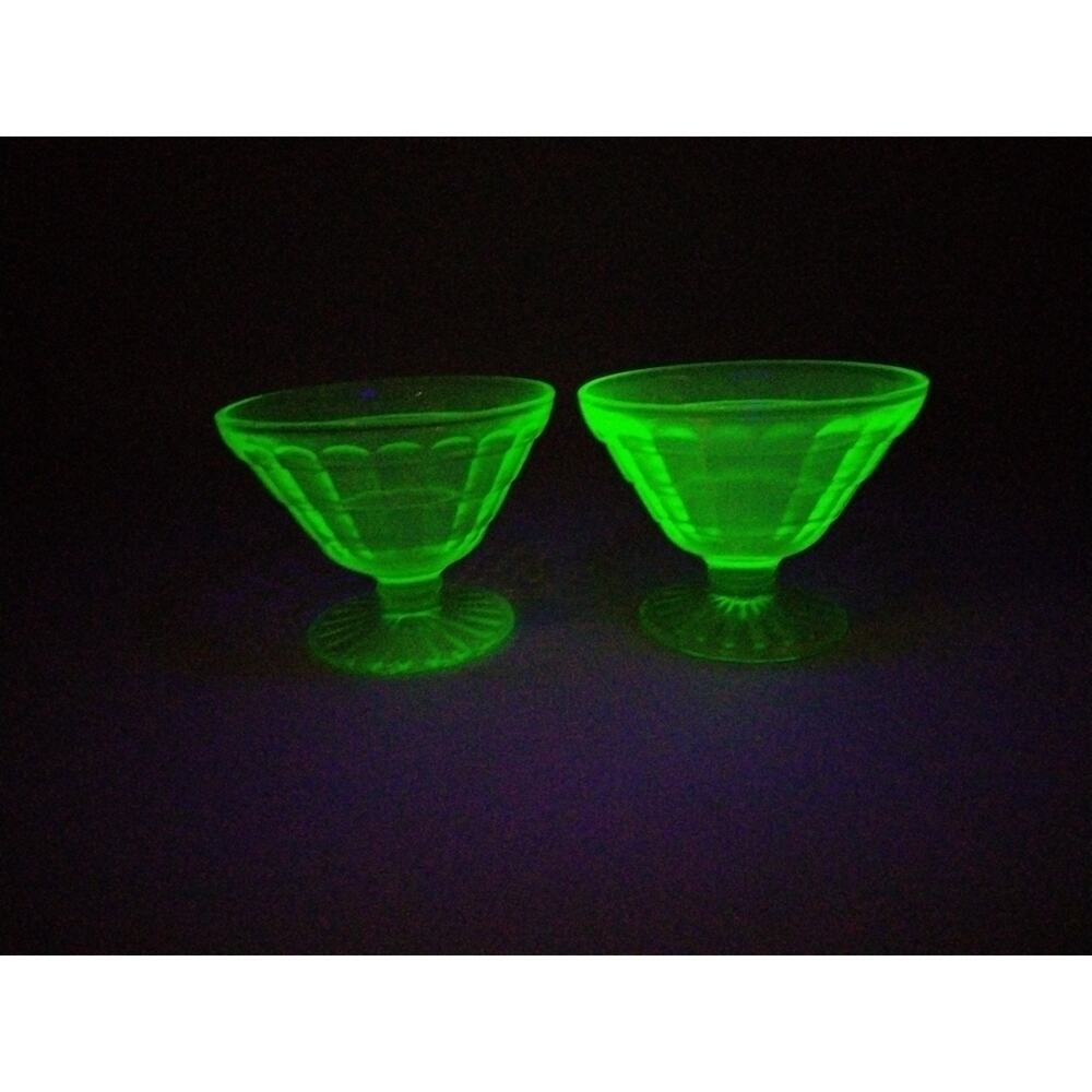 Vintage ANCHOR HOCKING Block Optic Uranium Glass Sherbets Set Of 2